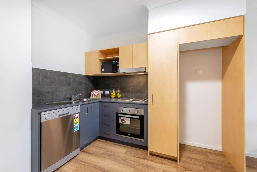 Modern kitchen with dishwasher, oven and microwave in the Petrie unit for rent