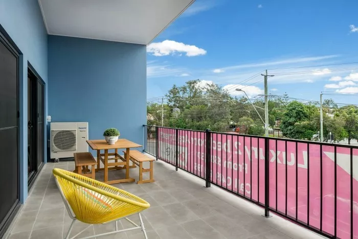 Large entertainer’s balcony of the Petrie Village apartment for rent